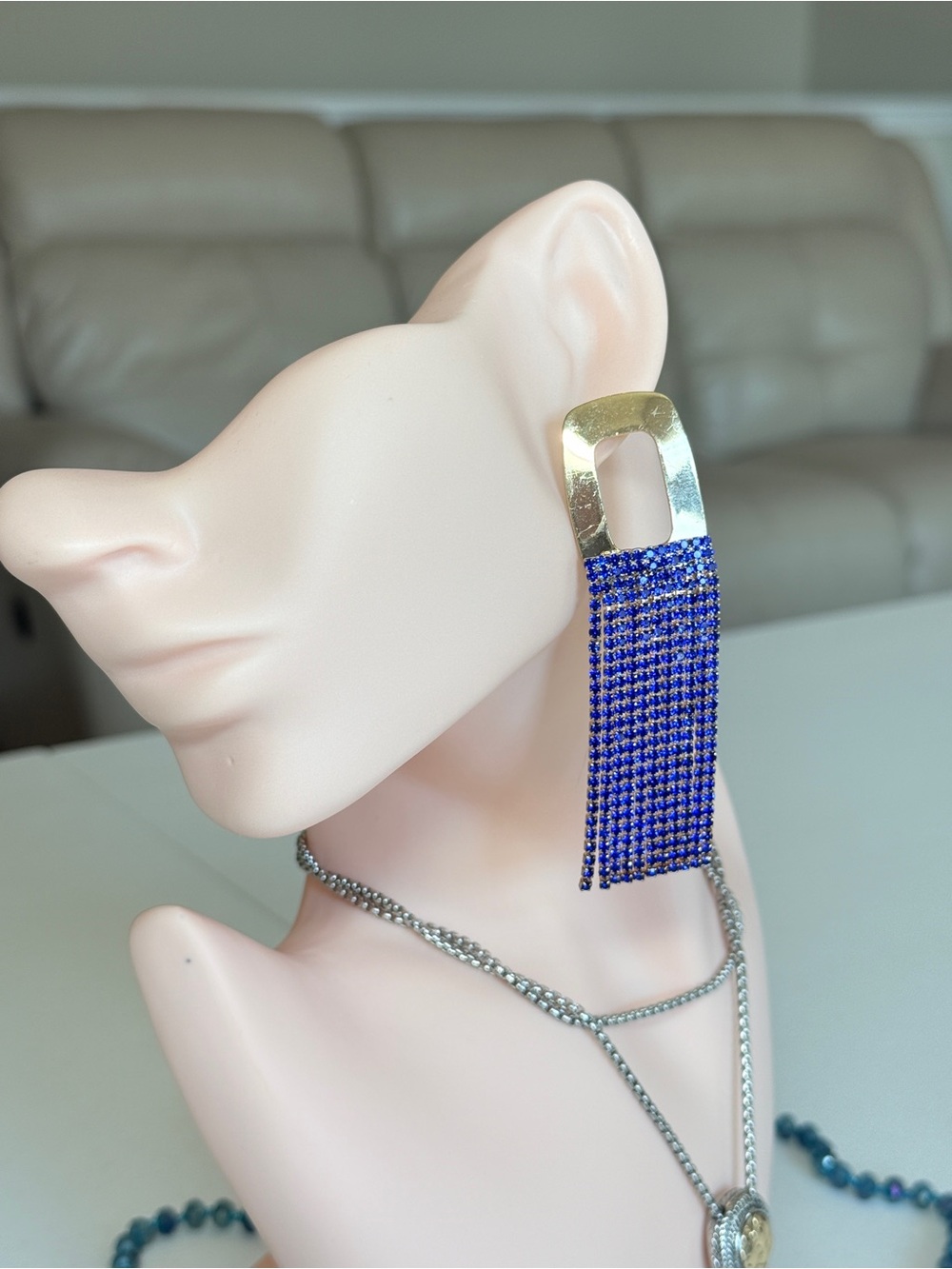 Cocktail Gold and Cobalt Blue Crystals Fringe Earrings